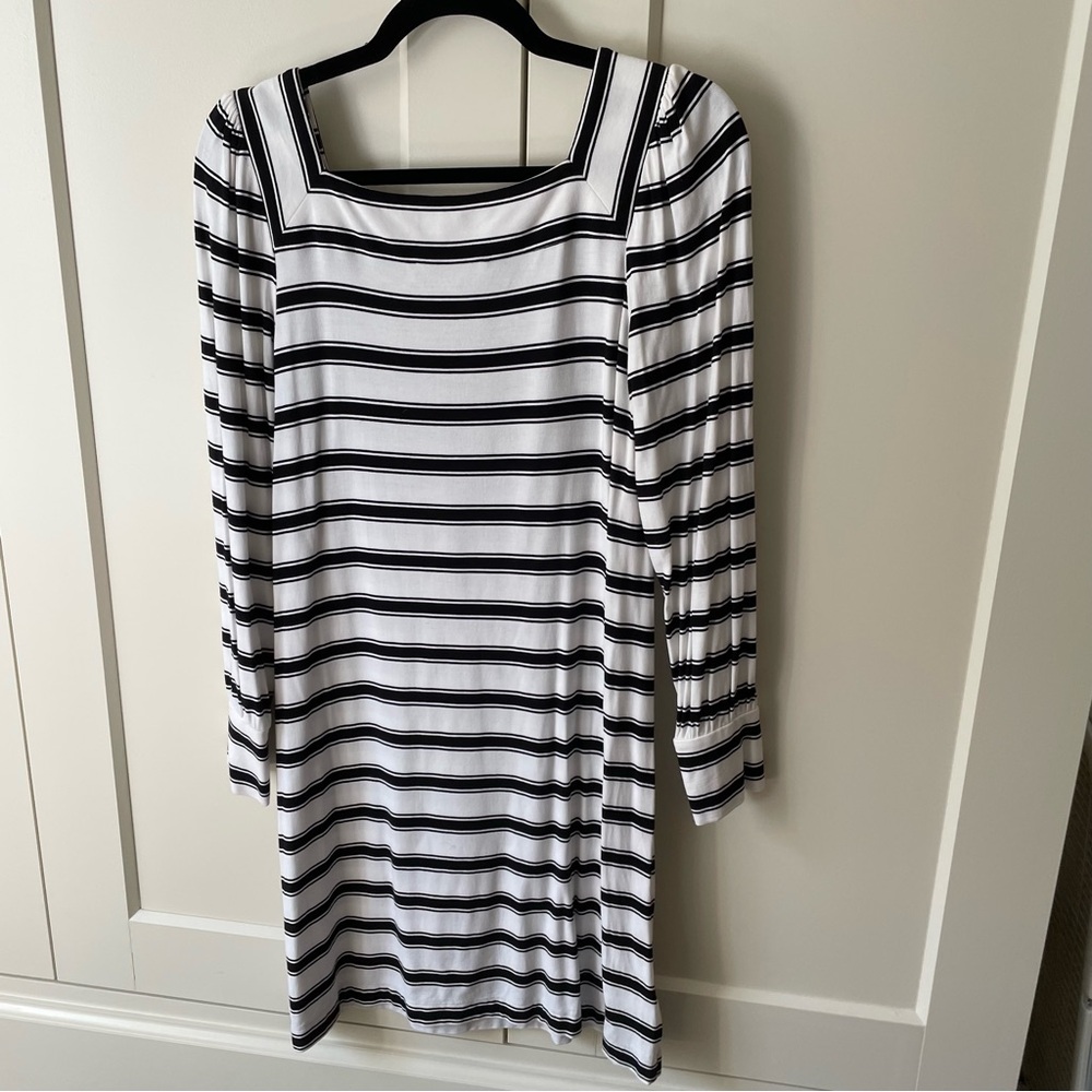 LOFT Black and Ivory stripe square neck long sleeve dress